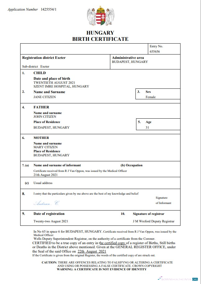Download Hungary vital record birth certificate Word and PDF template Photoshop template